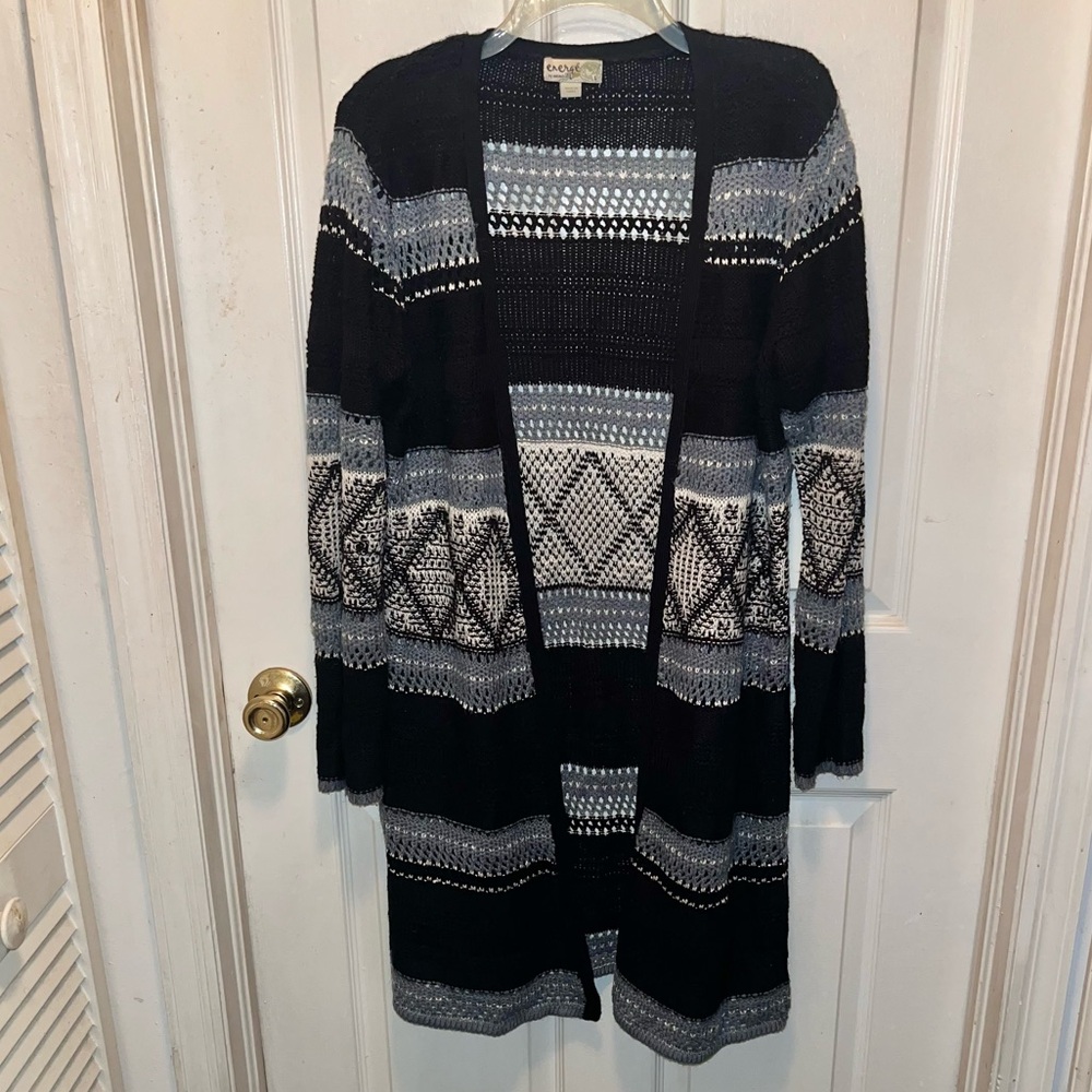 ENERGE by One World Long Sleeve Open Front Stripes Sweater Jacket. Sz L.